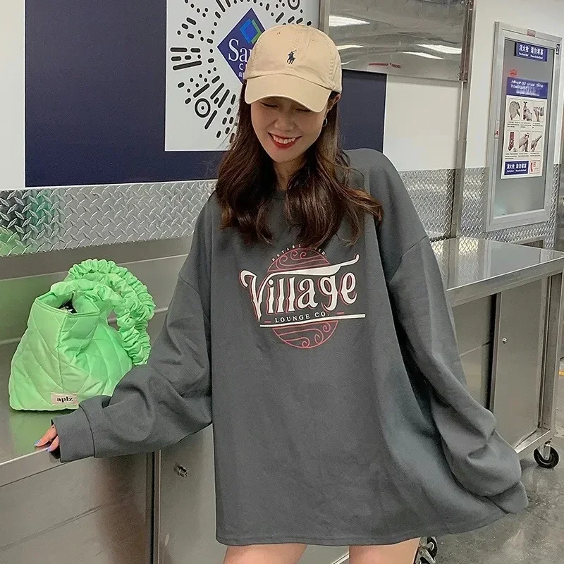 

Весенне-осенняя толстовка с длинными рукавами, повседневная толстовка с круглым вырезом, женская свободная тонкая футболка из полиэстера, топ в минималистском стиле с буквенным принтом