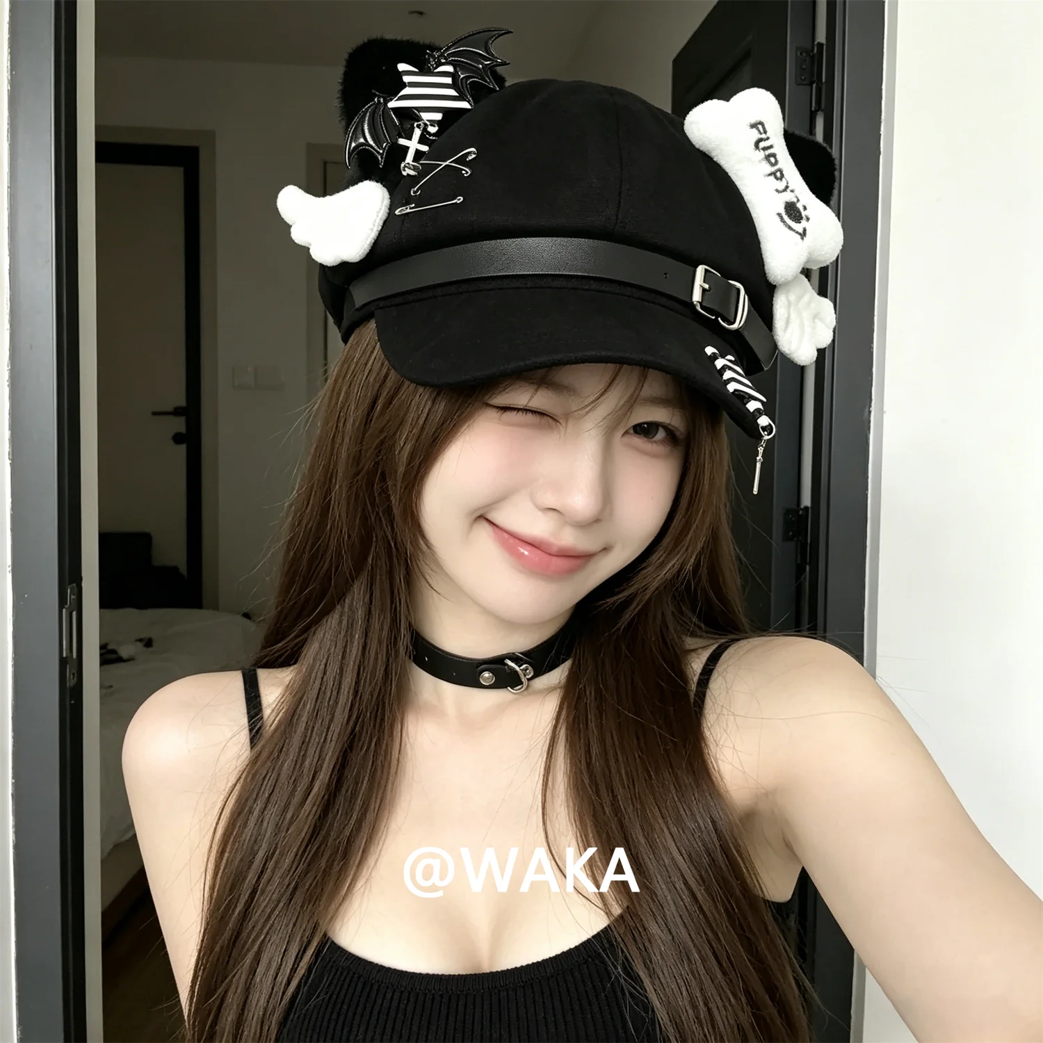 

WAKA Gothic Cat Ear Beret Hat for Men Women Puppy Bone Wing Charm Y2K Streetwear Octagonal Newsboy Cap