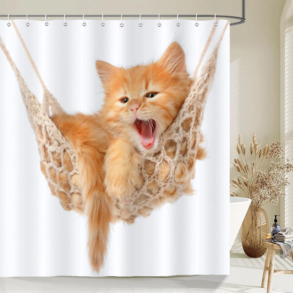 

Cute Funny Cat Shower Curtain Animal Printing Bathroom Curtains Waterproof Polyeste Fabric Bathtub Decor With Hooks
