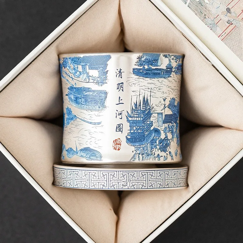Exquisite Along the River During Qingming Festival Silver Inlaid 999 Pure Silver Porcelain Swivel Master Tea Cup Kung Fu Teas