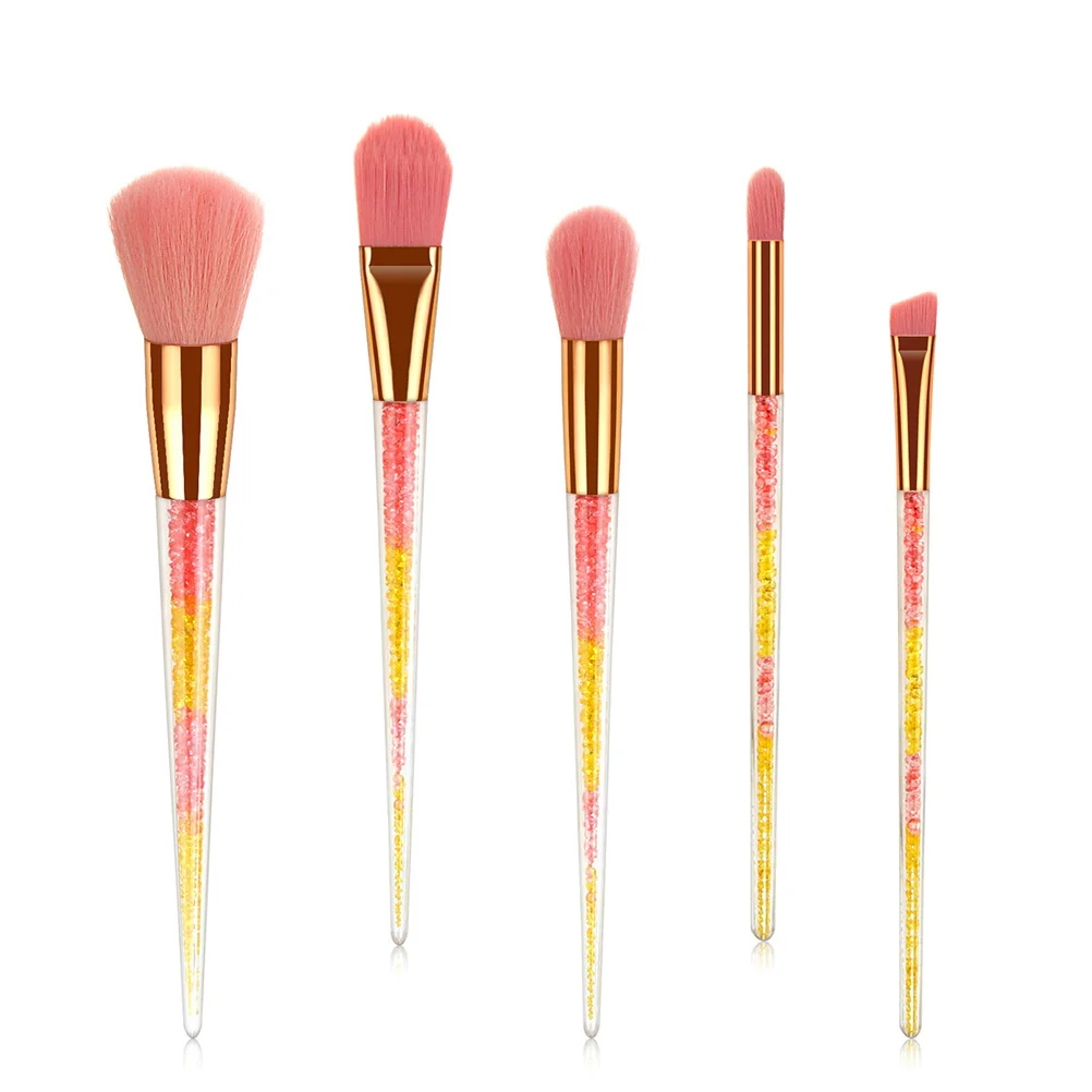 5개 투명 손잡이 브러쉬 세트 핑크 헤어 휴대용 메이크업 브러쉬 크리스탈 콘 모양 파운데이션 블러쉬 파우더용