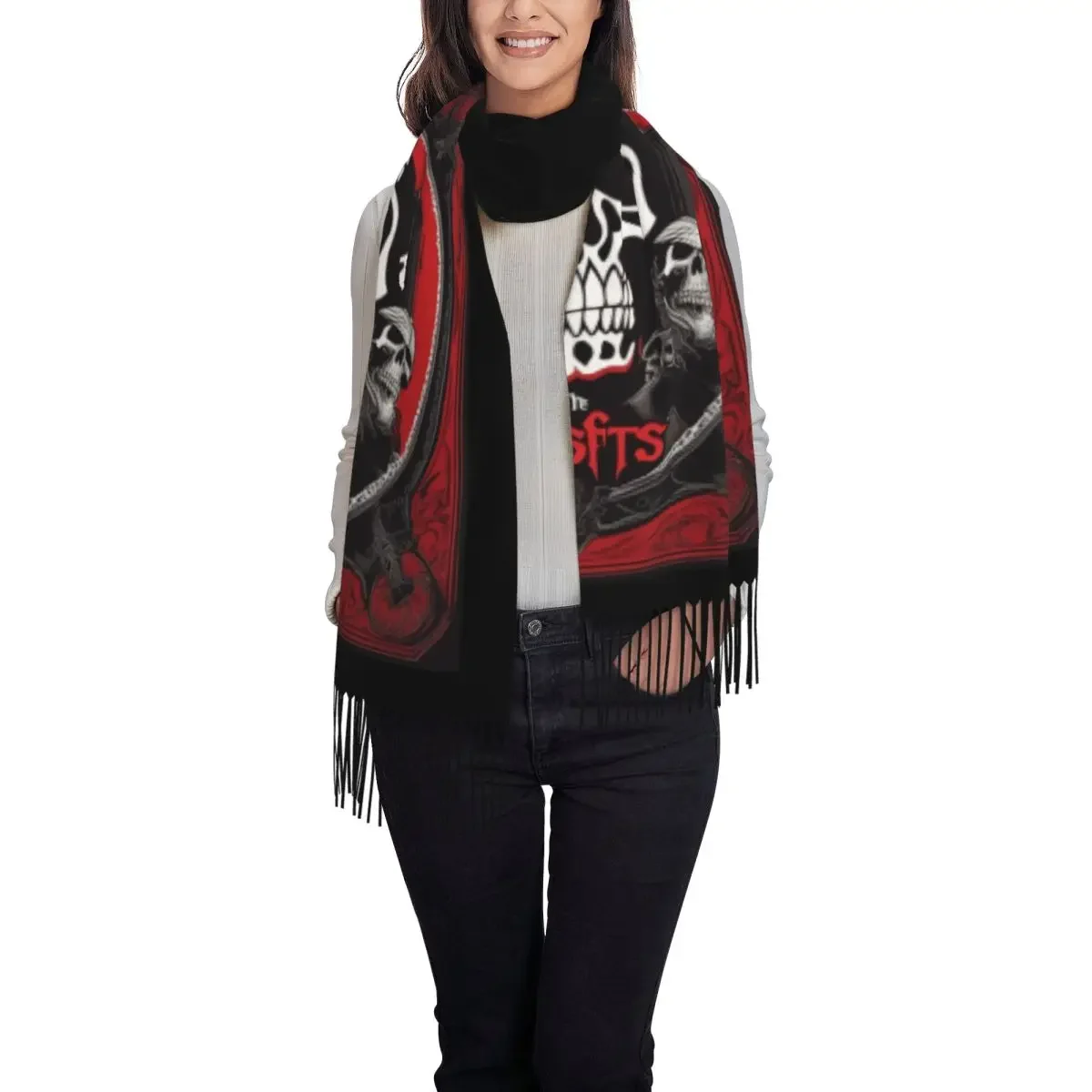 Custom Horror Punk Rock Misfits SKull Scarf Wrap for Women Long Winter Warm Tassel Shawl Unisex Scarves