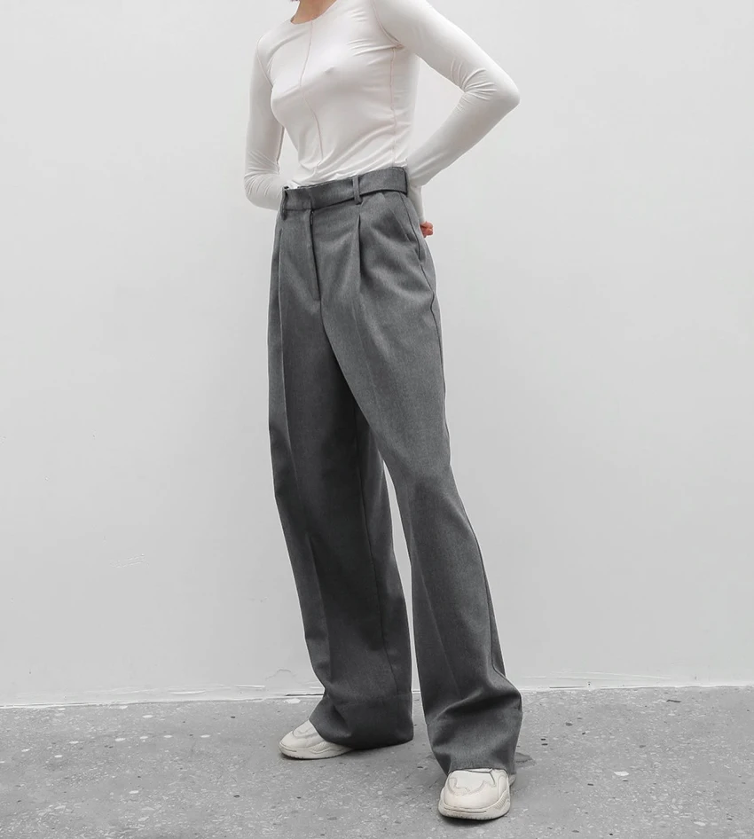 InsLucky Casual Office Lady Suit Pants High Street Lace Up Straight Trousers Solid Gray Loose Pants Elegant Female Autumn Summer