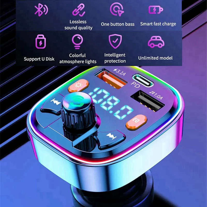 ABGI 2X Bluetooth FM Transmitter for Car Dual USB Port and Type-C PD Car 7 for Colors LED Backlit MP3 Music Player