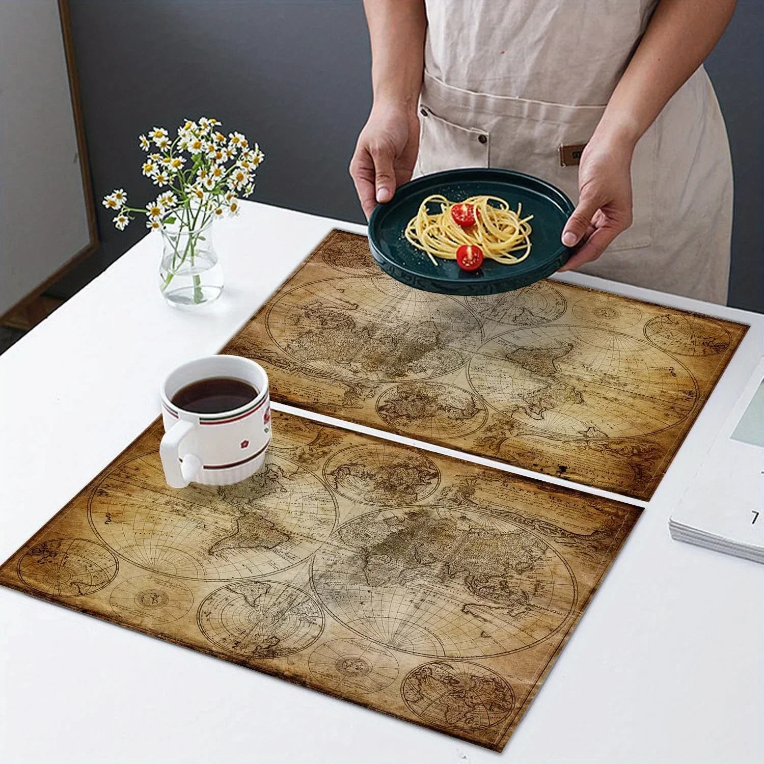 1PC Retro Nautical Map of The World Placemats,Washable Table Mat, Kitchen Home Party Decoration