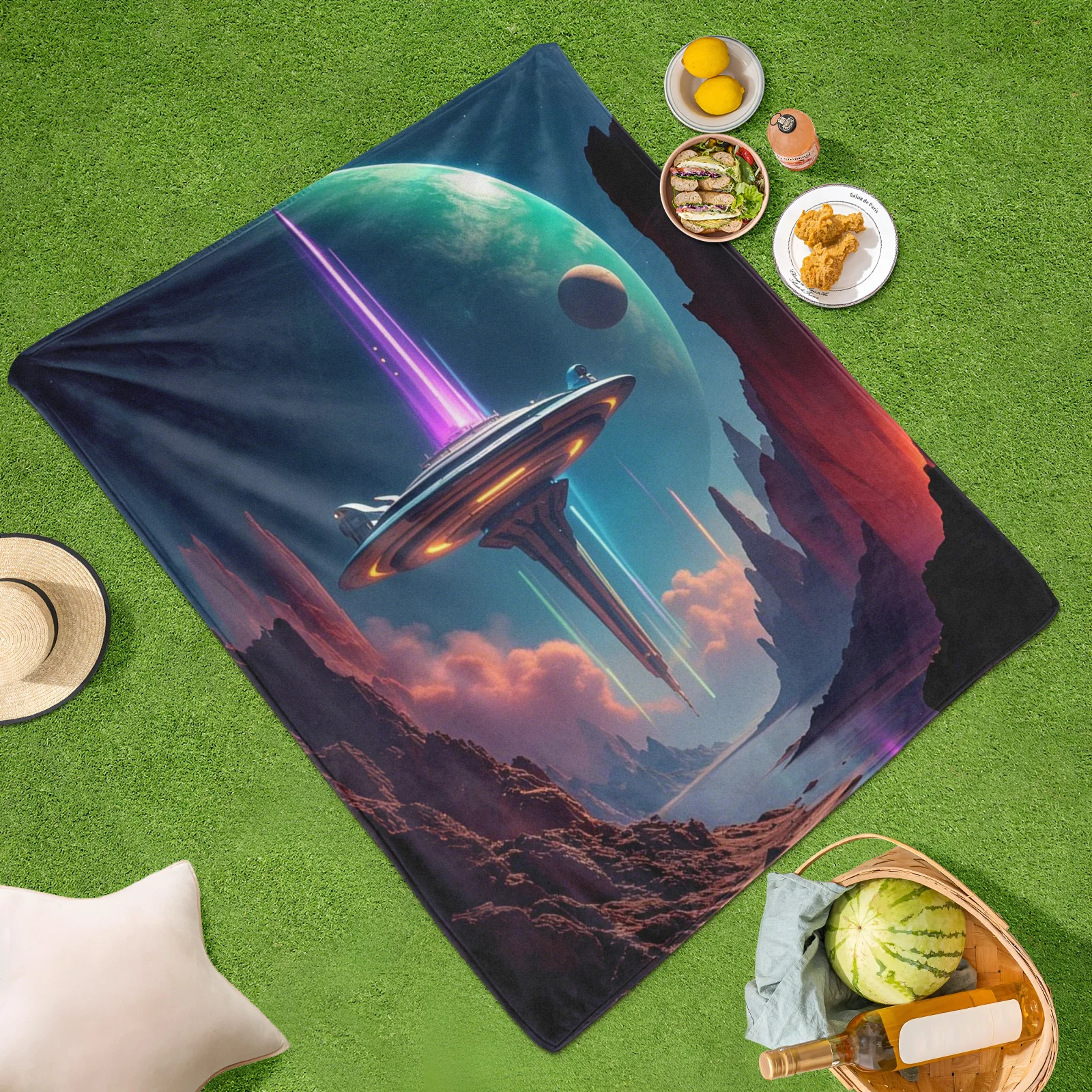 Galactic Voyage Outdoor Blanket Featuring Planets Spaceships And Valleys For Sci-Fi Enthusiasts And Nature Lovers