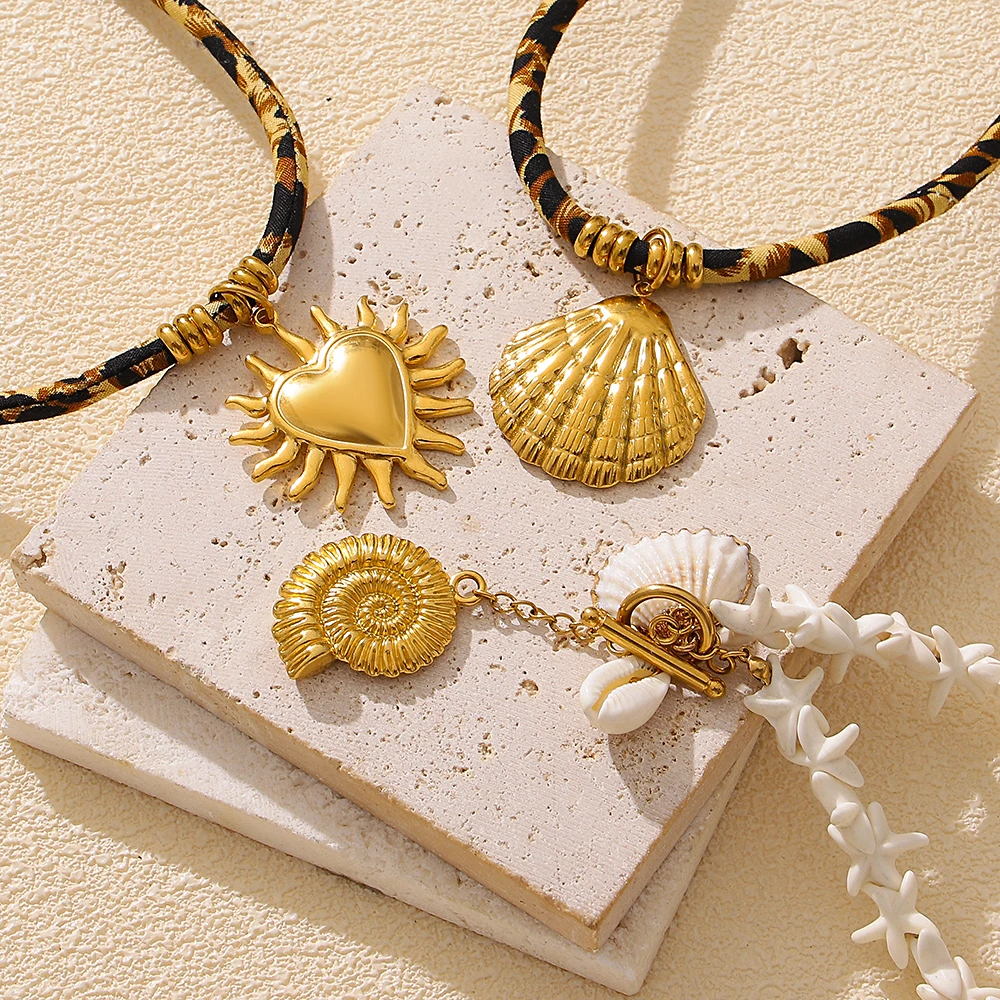 

DODOHAO Stainless Steel Starfish Conch Sun Pendant Necklace for Women Retro Leopard Pattern Rope Chain Choker Waterproof Jewelry