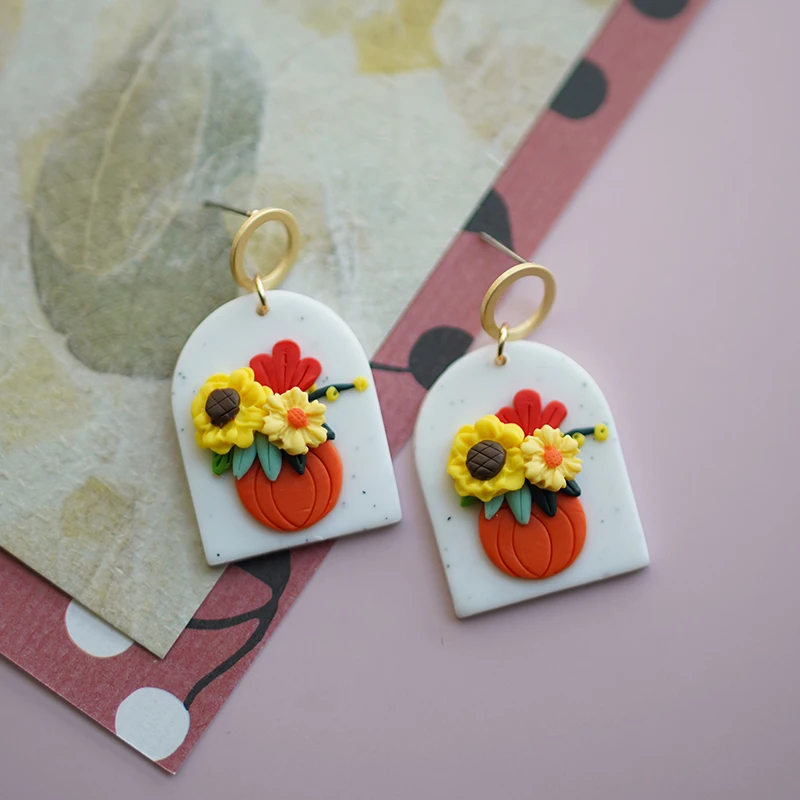 Season Floral Multi Colors Arch Handmade Polymer Clay Pumpkin Festival Flower Pattern Dangle Earrings Sets For Holiday Jewelry