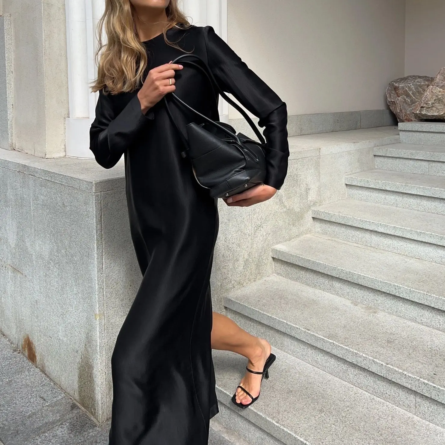 Outono inverno nova feminina cetim drapeado saia longa moda cor sólida manga comprida vestido solto diário combinando deslocamento wear