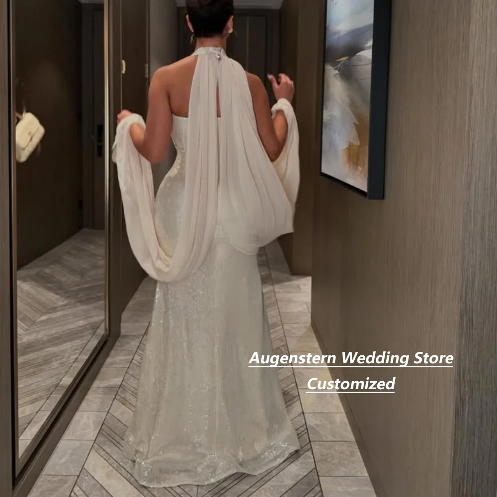 Customized Ivory Halter Neck Pearl Beaded Sequin Mermaid Mother Of The Bride Gown Chiffon Cape Backless Formal Bridal Gown