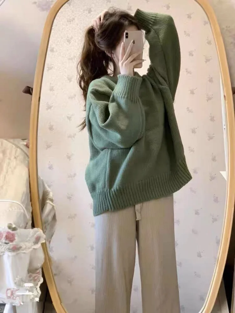 Green Baggy Pullovers Solid Sweaters Casual Long Sleeve Autumn Knitwear Clothing Pull Femme All-match Elegant Lovely Aesthetic