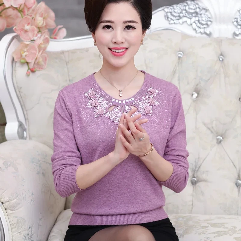 Jersey de punto para madre de mediana edad, suéter suave elástico con incrustaciones de diamantes, Top corto para mujer, otoño e invierno, 2025