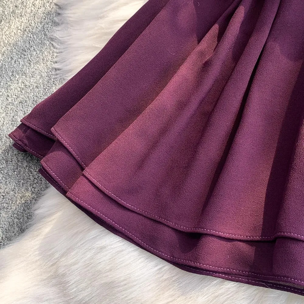 Roxo chiffion vestido feminino halter sem mangas sem costas roupas senhora streetwear elegante vintage em camadas babados roupas senhora