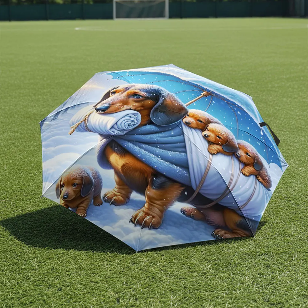 1P C Creative Dachshund Design Umbrella with Puppies Motif Print 8 Iron Ribs Folding Umbrella Auto-Open Fashion Sunshade