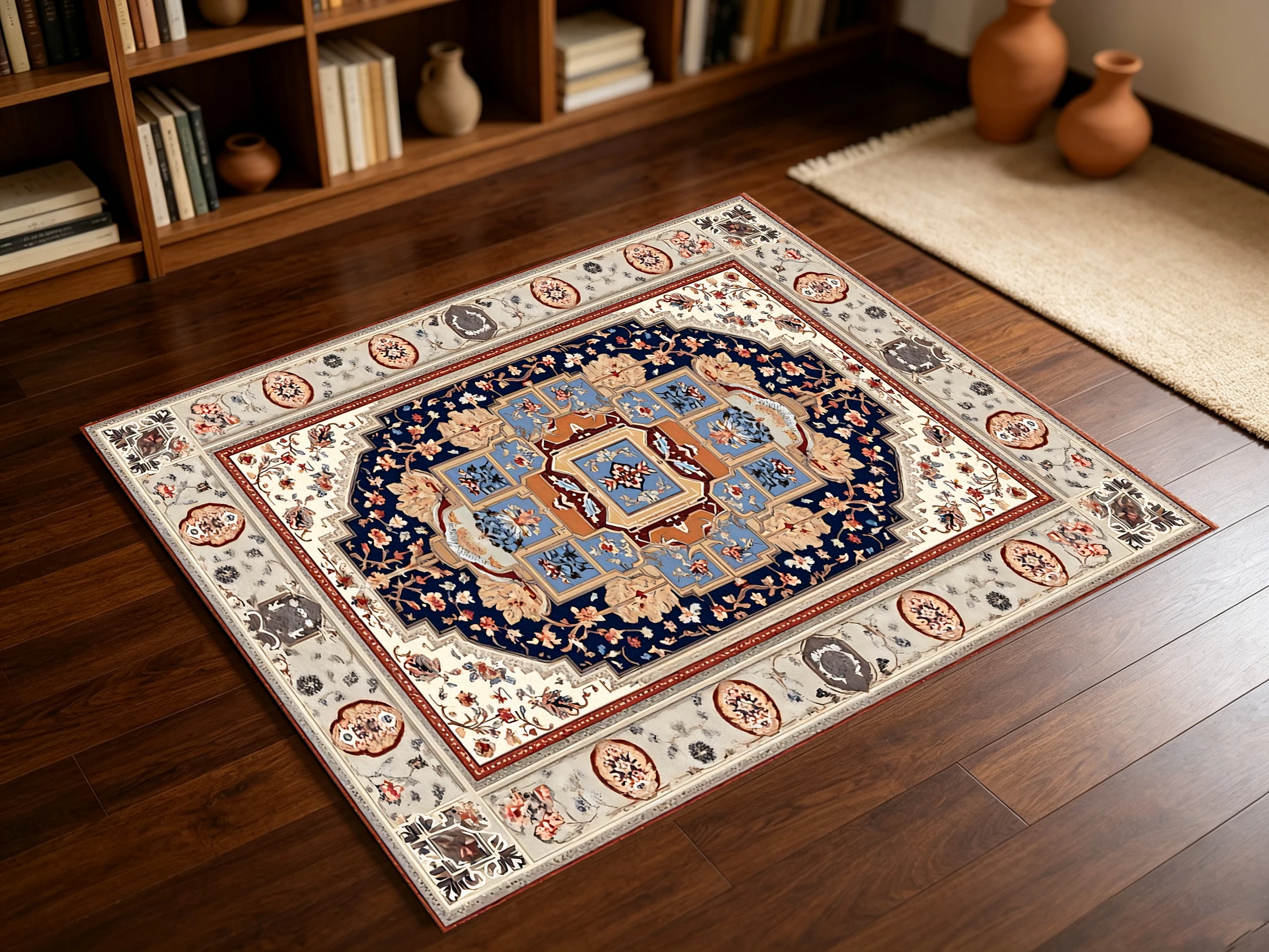 2D Large Rug with Retro Persian Symmetrical Pattern, Light Luxury European Style, Suitable for Living Room and Bedroom, One-Click Renovation for Autumn and Winter Decoration