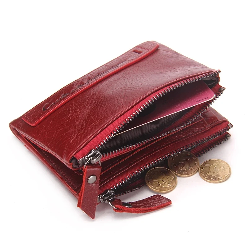 2023 Fashion Genuine Leather Women Wallet Bi-fold Wallets Red ID Card Holder Coin Purse With Double Zipper Small Women's Purse