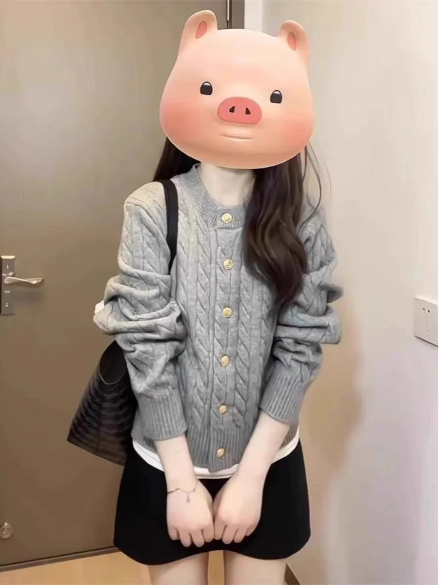 

Korean Chic Simple Commute Twisted Knit Sweater Cardigan Women's Winter New College Sle round Ne Coat Medium Softn Lon...