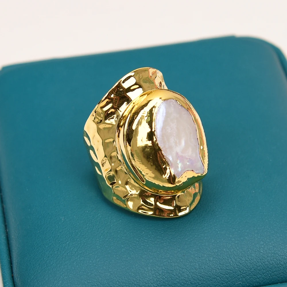 G-G Natural Cultured White Keshi Pearl Gold Plated Finger Ring Adjustable Rings For Women Jewelry Lady Simple Ring Gifts