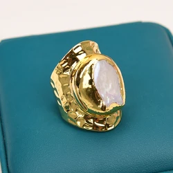 G-G Natural Cultured White Keshi Pearl Gold Plated Finger Ring Adjustable Rings For Women Jewelry Lady Simple Ring Gifts