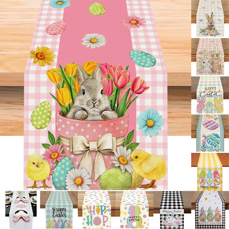 

2024 Easter Rabbit Table Runner Linen Bunny Dining Table Cloth Placemat Spring Holiday Happy Easter Decoration For Home Kitchen