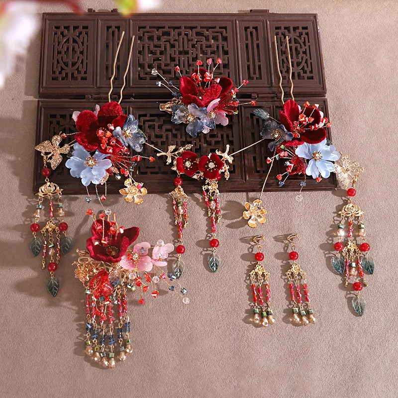 

Red Flower Hairpin Earrings Set Chinese Wedding Accessories Women Headpieces Vintage Hairpin Retro Hanfu Hair Accessories Gift