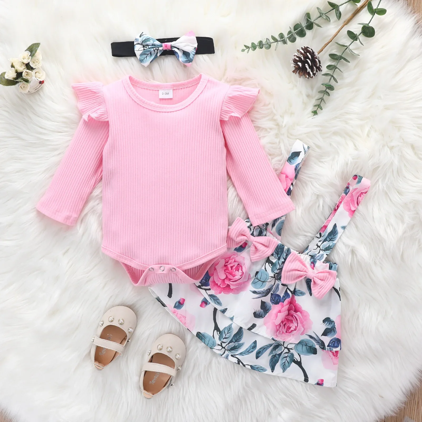 Toddler Baby Girls Clothes Sets Hanging Small Flying Sleeves Romper Flowers Bowknot Strap Skirt Head Knot Newborn Dress Suit