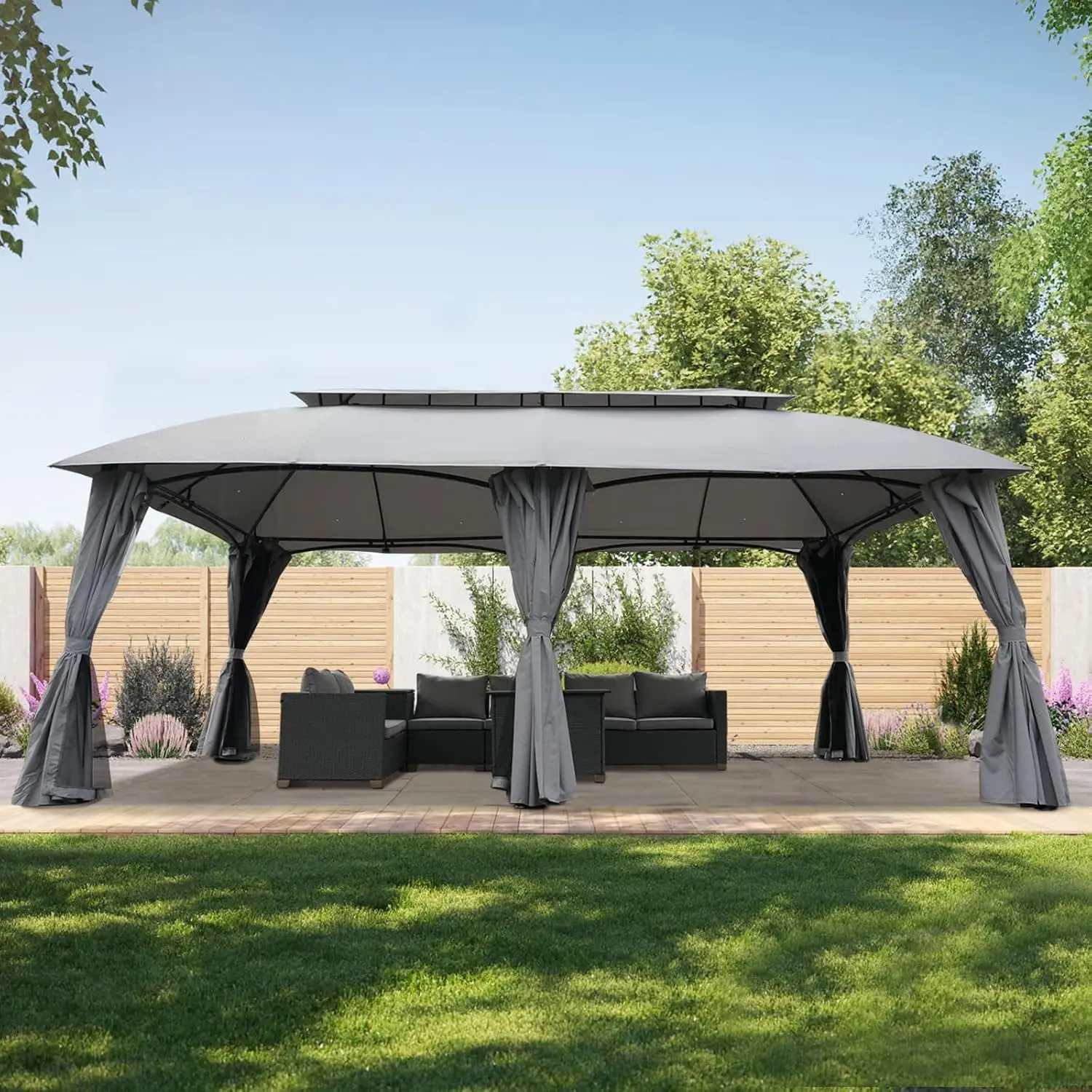 13x20 Gazebo Double Vent Anti-UV Canopy with Privacy Curtains & Netting for Deck Backyard Garden, Customized