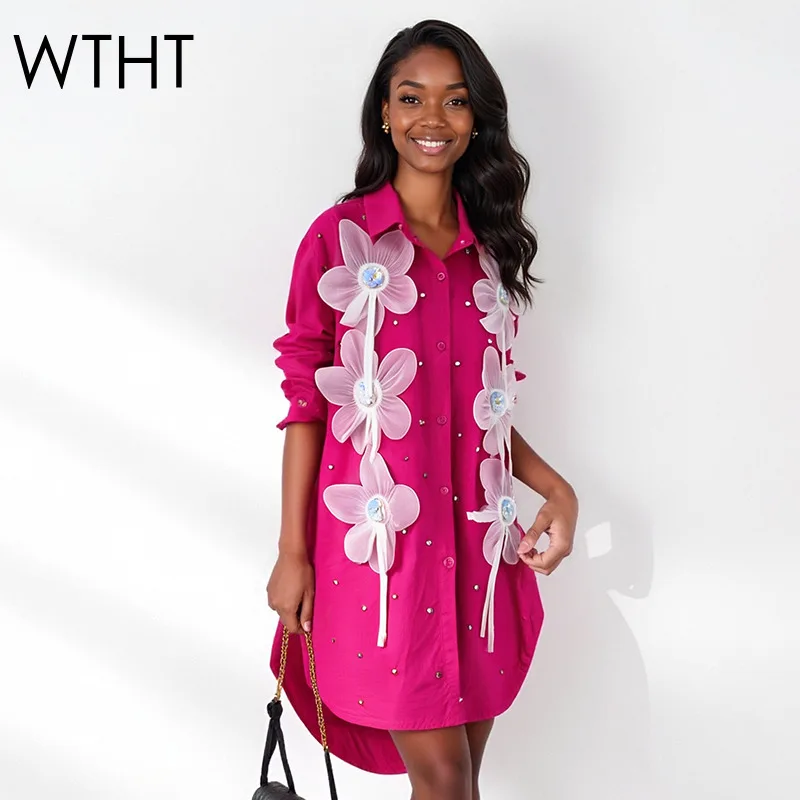 

WTHT Trendy Women's Spliced 3D Flower Tassel Design Shirt 2025 Autumn Fashion Lapel Long Sleeves Blouse Female 1LS2437