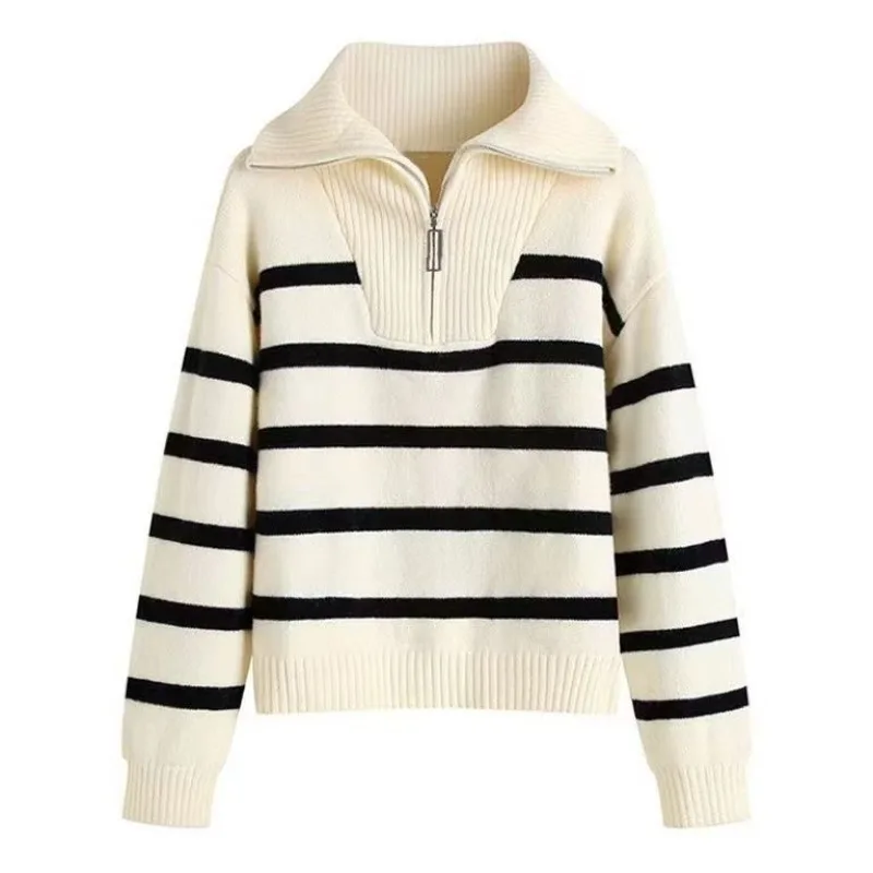 Polo neck sweater for women in autumn and winter thickened inner layer for outer wear new semi zippered striped bottom sweater