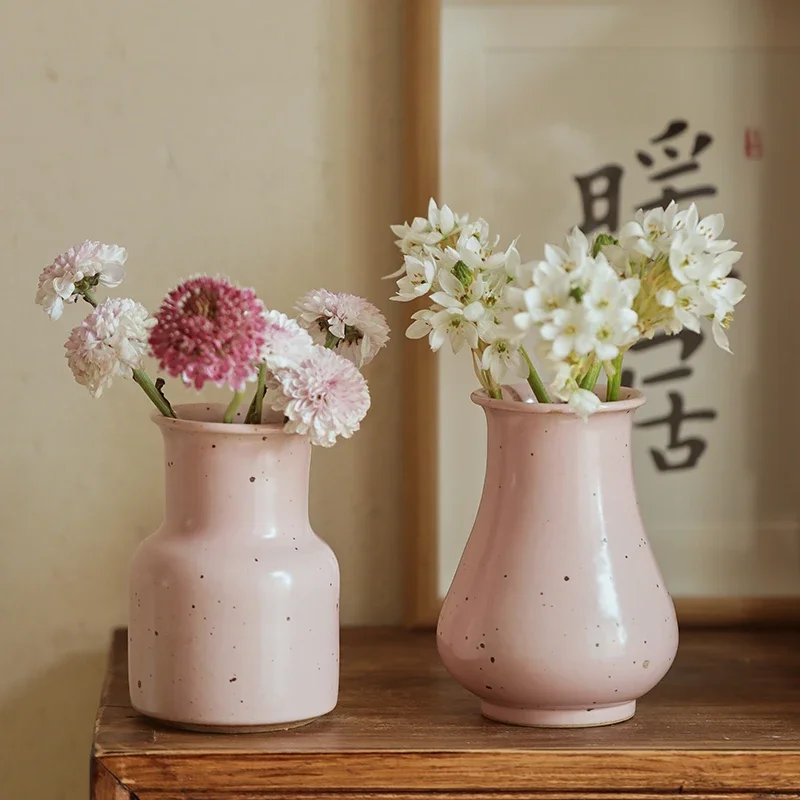 Jingdezhen Handmade Coarse Pottery Vintage Pink Style Girl's Small Flower Vase Zen Tea Table Pottery Jar