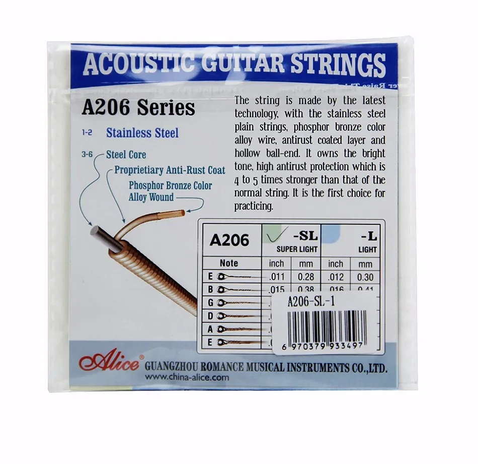 10pcs Alice A206 1-st Strings 011 inch Steel Acoustic Guitar Strings Single E 1-st strings