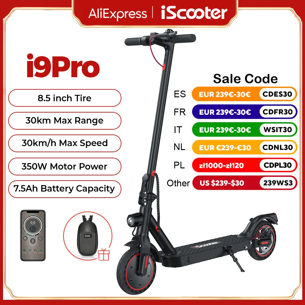 iScooter i9Pro Electric Scooter 350W Scooter for Adults 7.5Ah 30km/h Foldable Scooters 8.5inch Honeycomb Tire Kick Scooter