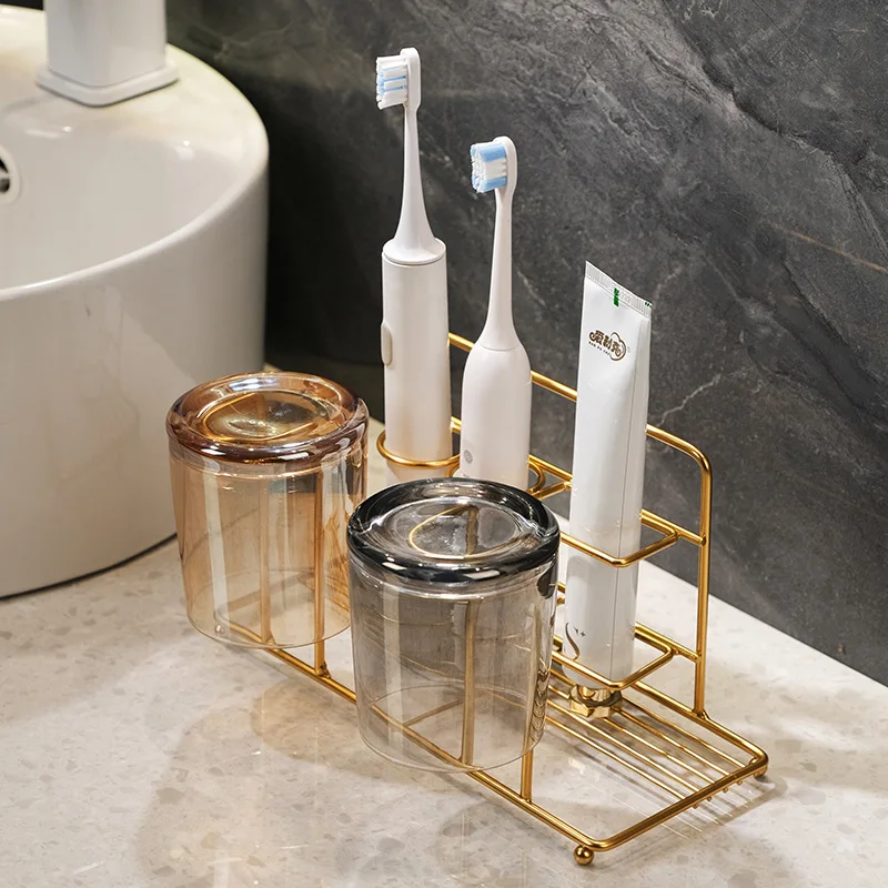 Luxury Gold Bathroom Storage Rack Iron Art Wall Mounted Toothbrush Holder Washroom Mouthwash Cup Organizer Bathroom Accessories