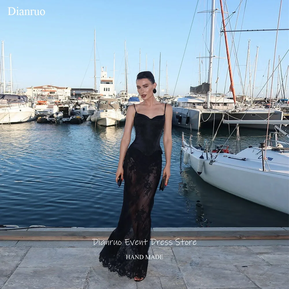 فستان سهرة بحمالات سباغيتي من Dianruo شفاف من خلال الدانتيل حورية البحر فيستدوس دي نوفيا مزين بحفلات الزفاف الأنيقة حسب الطلب