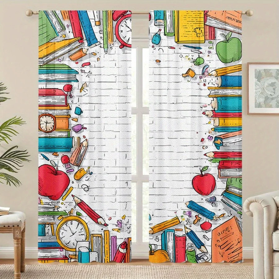 2PCS Digital Printed Curtains, Stationery Paradise Pattern, Beautiful Window Drapes for Living Room Bedroom Home Decor