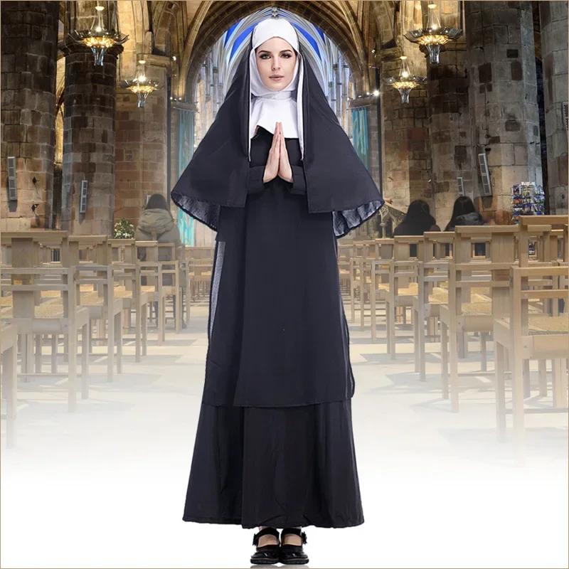 Disfraz Medieval de Halloween para mujer, conjunto de disfraz de sacerdote, monja, religioso, ropa de Cosplay para adultos, vestido de mujer