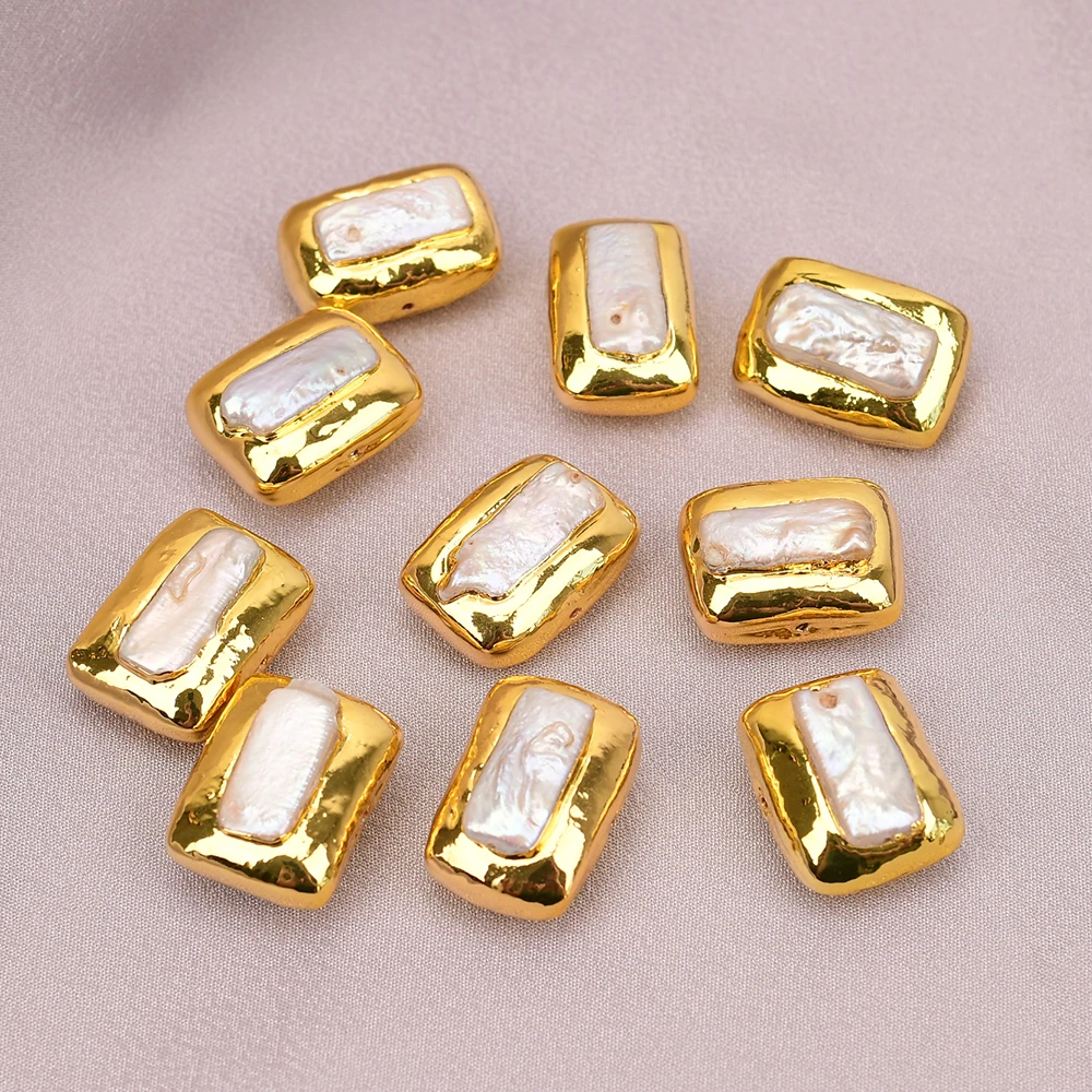 

APDGG 10 Pcs Natural White Rectangular Pearl Gold Plated Big Loose Spacer Beads For Necklace Jewelry Findings DIY
