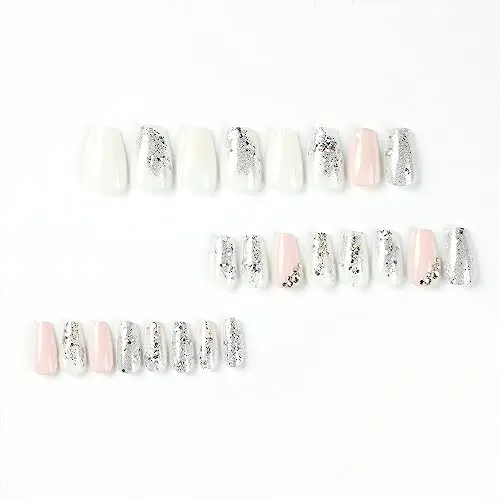 2024 Medium on Silver Glitter Press Square Fake Nails with Rhinestones Glossy Pink White Artificial False Nails for Women Girls