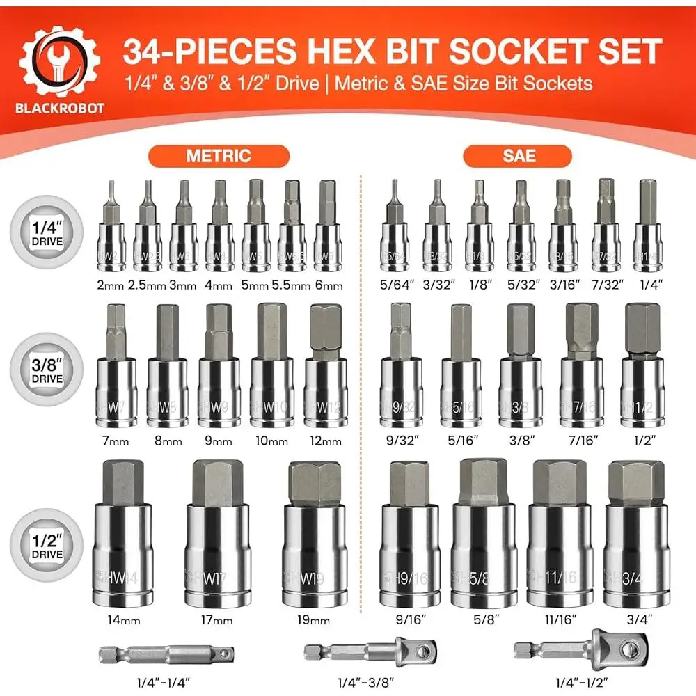 34 шт. набор шестигранных головок с адаптерами 1/4 3/8 1/2, метрический стальной футляр для хранения инструментов SAE