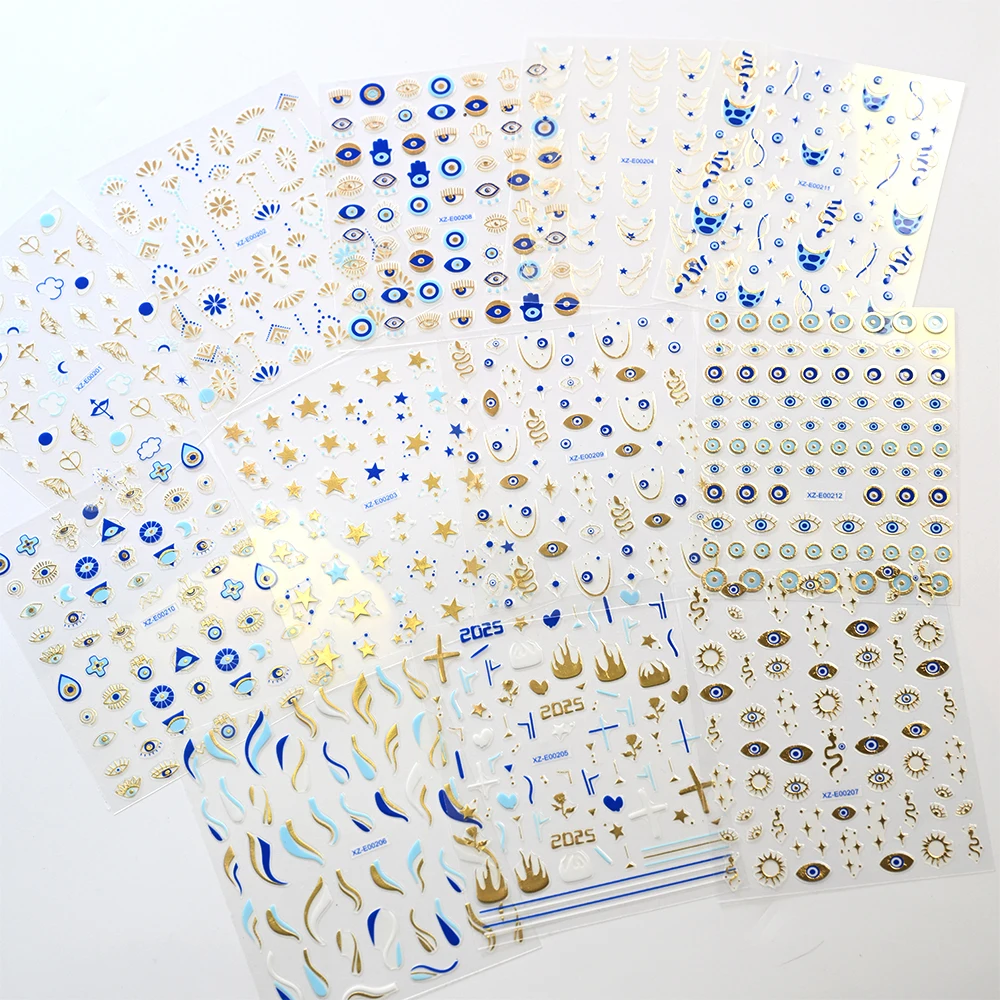 12枚入り 3D ブロンズ ブルー 邪視 スネーク ネイルアート ステッカー フレンチ アブストラクト ライン スター セルフ接着 スライダー マニキュア デコレーション デカール &1