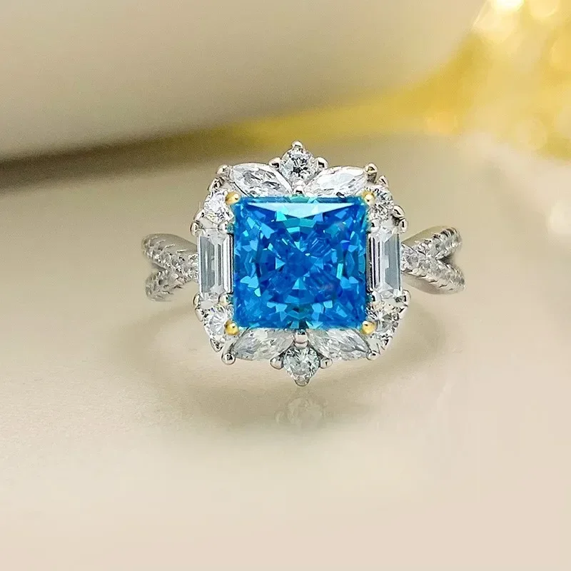 Desire Super Sparkling High Carbon Diamond Ring 925 Silver Topa Blue Fashion Women's  Design  Level Sense