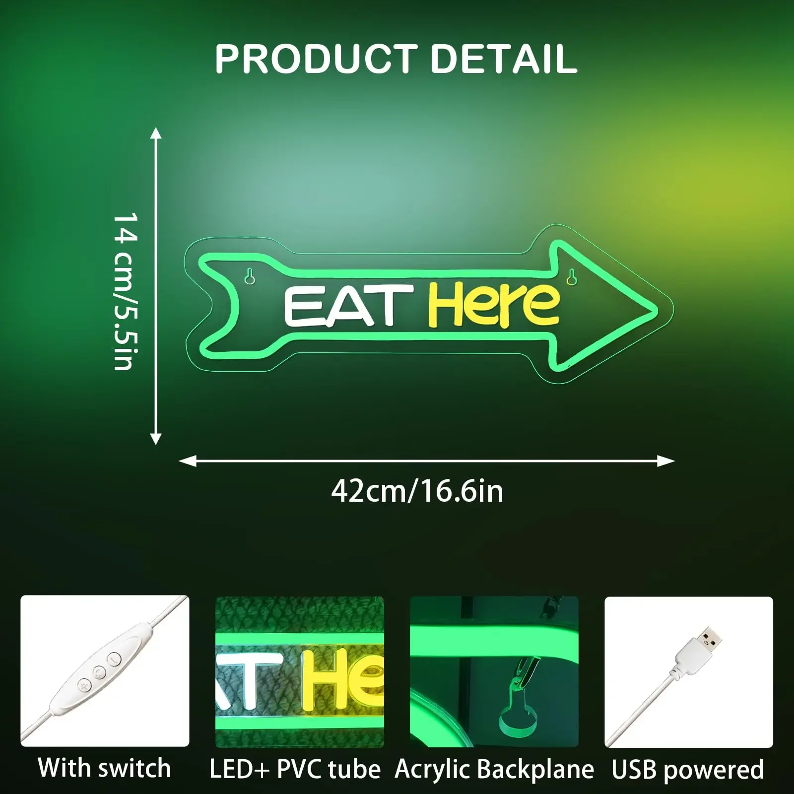 Eat Here Arrow Neon Sign Dimmale Neon Lights For Wall Decor Lights For Home Kitchen Restaurant Bar Party Decor