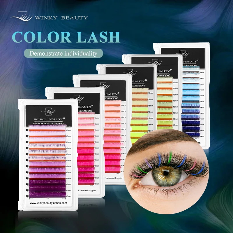 winky beauty Color Lash Pink Yellow Purple Blue Green Eyelash Extensions Individual False Colored Mink Lashes Makeup Supply