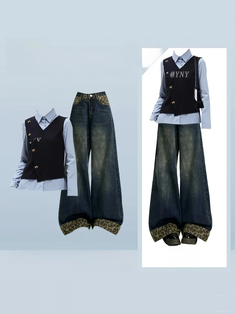 Kleur Blo gebreide trui set plus maat herfst winter dames Faion hoge taille wijde pijpen jeans tweedelige set ensemble