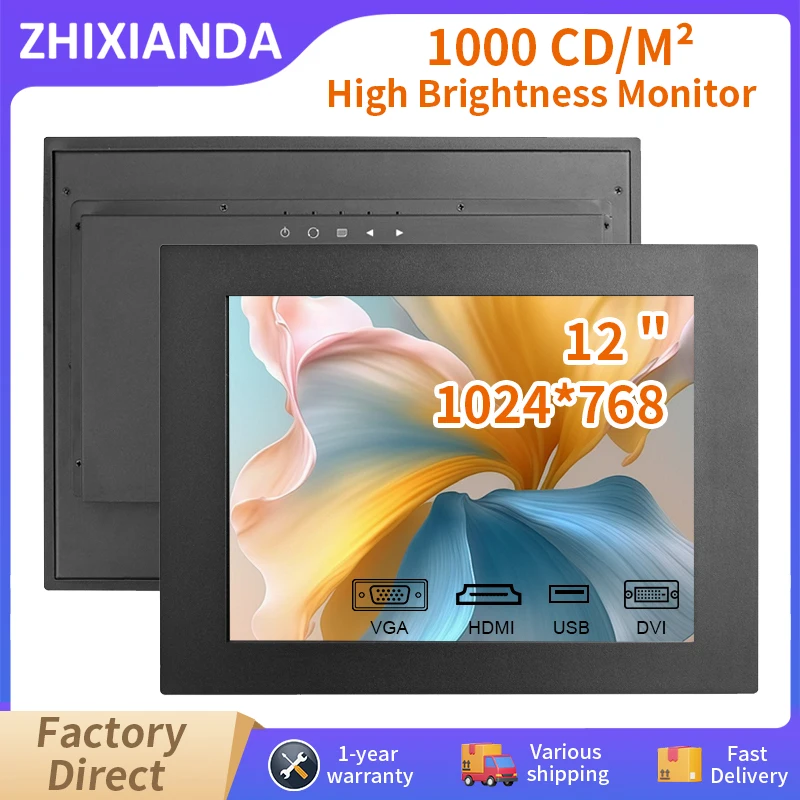 Zhixianda 1000 Nits 12 Inch 1024*768 Panel Mount Monitor Industrial Capacitive Touch Screen Embedded Display With HDMI VGA DVI
