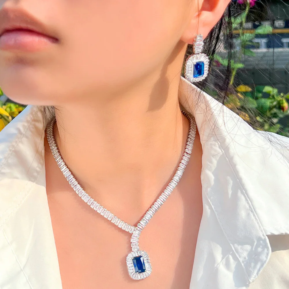 Pera Designer Royal Blue Cubic Zirconia Big Dangle Square Bridal Wedding Costume Necklace Earrings Jewelry Sets for Women J412