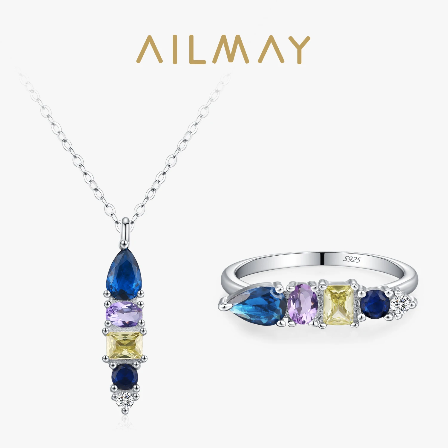 Ailmay 925 Sterling Silver Personality Geometric Colored Zircon Necklace Rings Set for Women Newly Creative Party Jewelry
