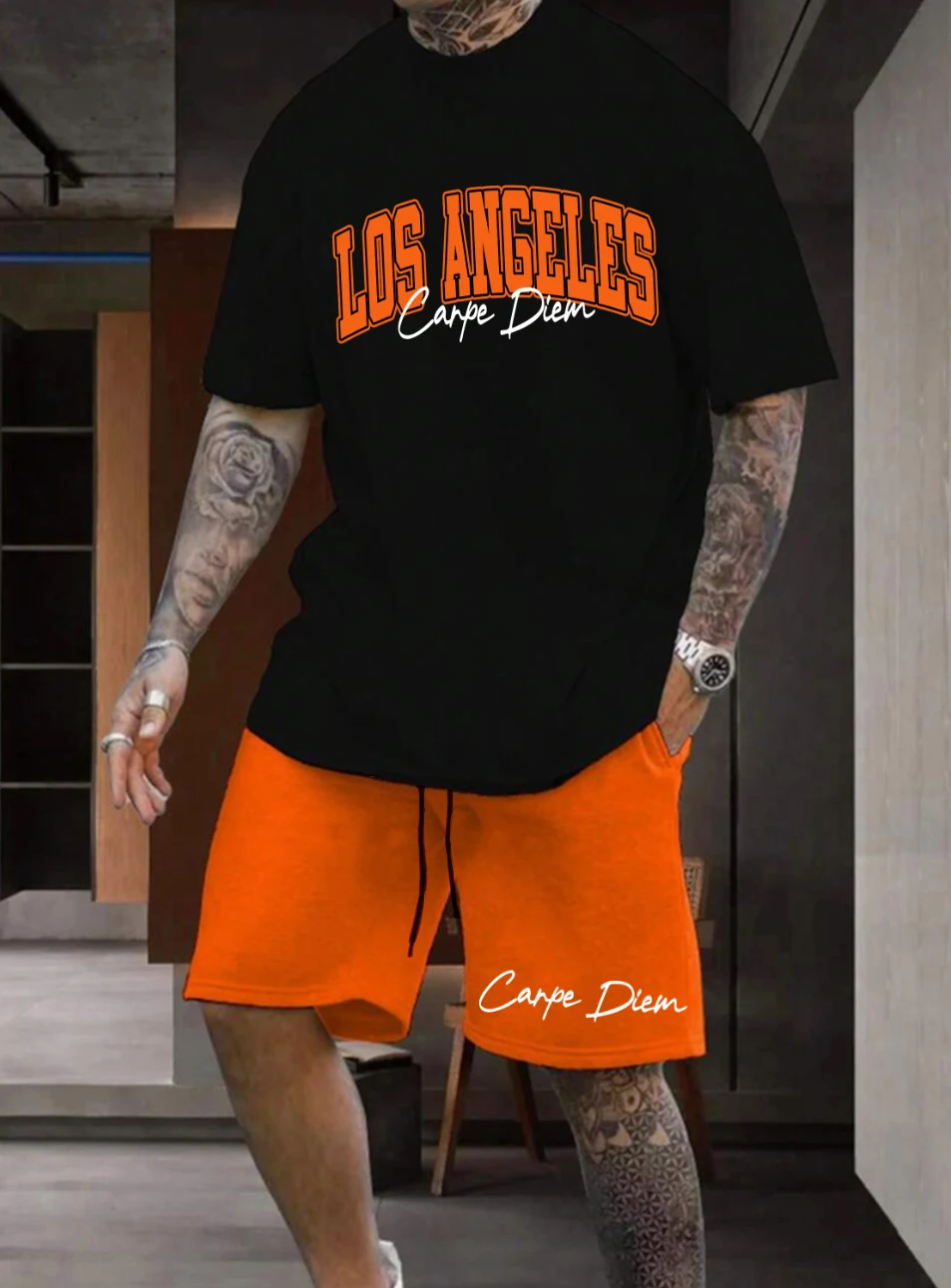 

Men's Summer Trendy, Casual and Fashionable Color-Blocking Short-Sleeve T-Shirt and Shorts Set with Los Angeles Letter Prints