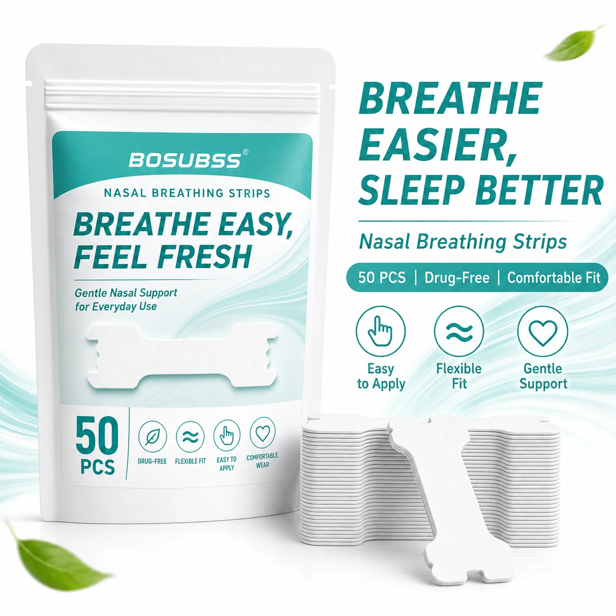 50pcs Nasal Strips Anti Snoring Nose Tape Improve Night Sleep Smooth Breath for Workout & Rest