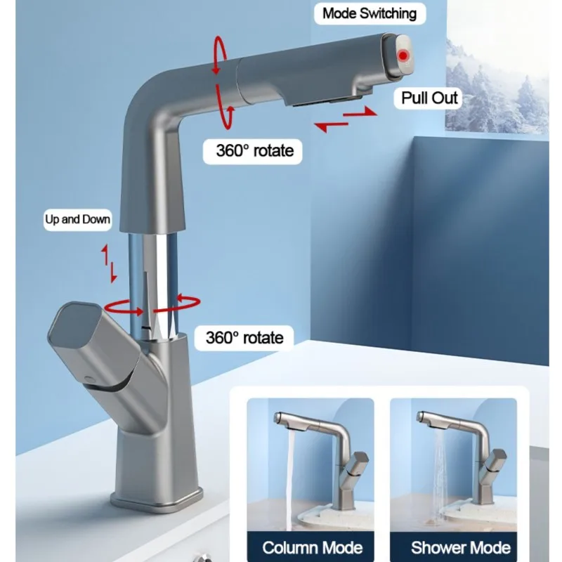 

Выдвижной смеситель для раковины в ванной комнате, подъемный латунный смеситель, два режима выхода, смеситель для горячей и холодной воды с поворотом на 360 °, смеситель для кухонной раковины
